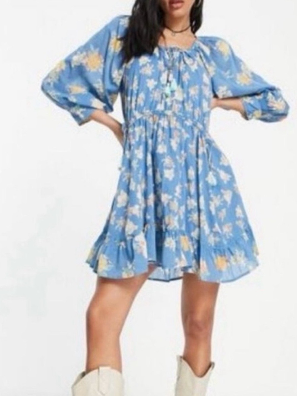 Free People Camella Minidress. NWT. XS yet Oversized. Blue/Yellow. Festival Boho